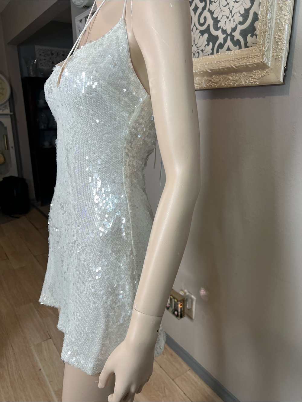 NWT Princess Polly Sequin Spaghetti Strap Mini Dress - white Silver - Picture 6 of 16